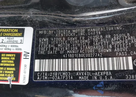 2014 Toyota Avalon Hybrid Limited из США, поврежденный, VIN 4T1BD1EB0EU027742